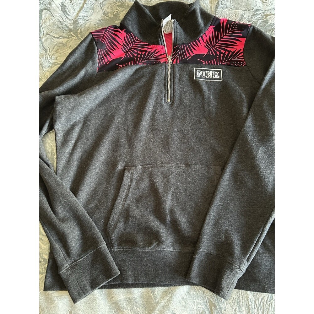 VS PINK 1/4 Zip womens sweatshirt size L Charcoal Gray, Tropical Inset